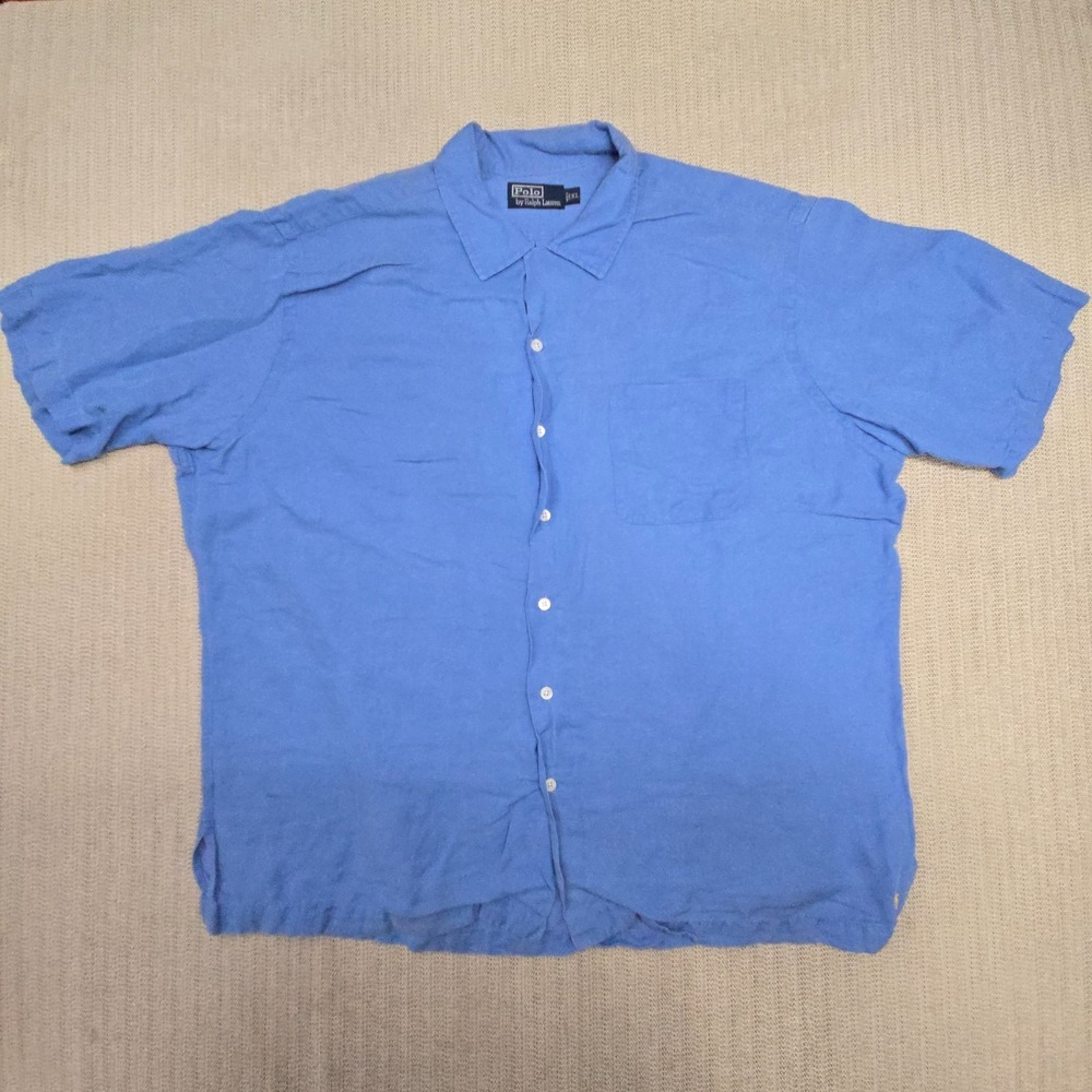 Polo Ralph Lauren Shirt Mens XL Blue Silk Linen Short Sleeve Yellow Pony Logo